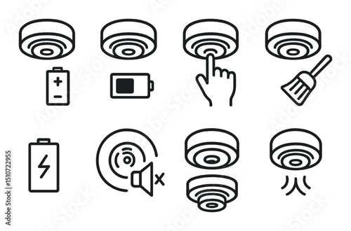 Smoke alarm linear icon set: safety, security, and warning symbols