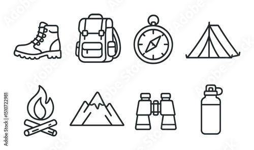 Outdoor adventure silhouette icon set. camping, hiking, exploration symbols