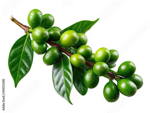 Green Coffee Beans on a Branch: A close-up captures vibrant green coffee beans flourishing on a branch, showcasing nature's fresh and raw beauty, ready for harvest.