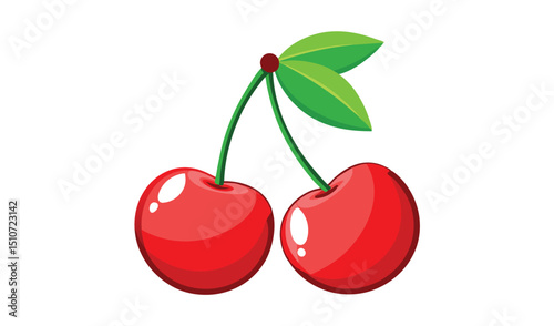 Two red cherries with green leaves illustration