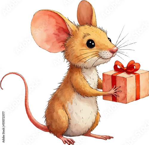 Cute mouse offering a wrapped gift in a watercolor style, perfect for charity themes and warm-hearted illustrations, kids illustration
