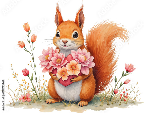 Cute squirrel holds heart-shaped flower arrangement in pastel watercolor style for Mother's Day celebration, kids illustration