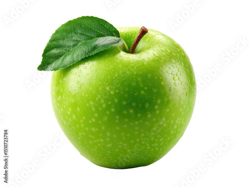 Crisp Green Apple: A vibrant, succulent green apple, complete with a fresh green leaf and a slender stem. This fruit is a symbol of health, vitality and natural goodness.