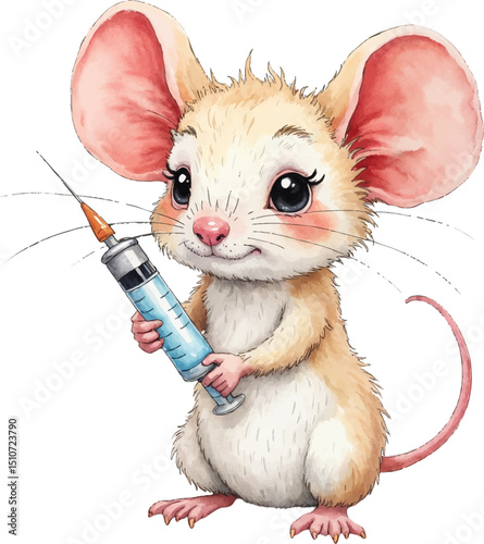 Determined mouse with syringe ready to help friends in soft watercolor illustration for Medical Day themes, kids illustration