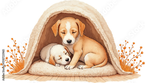 Dog cuddles with puppy in a cozy nook surrounded by soft tones, perfect for Family Day themes, kids illustration