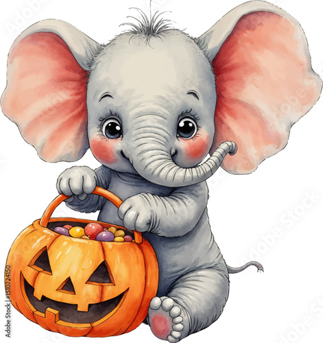 Excited baby elephant with pumpkin candy bucket ready for Halloween festivities in soft watercolor style, kids illustration