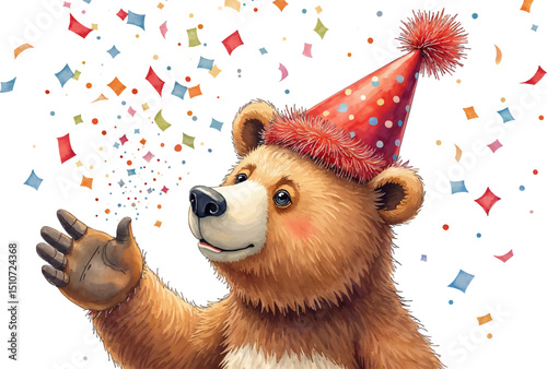 Festive bear wearing a party hat joyfully tossing confetti for New Year celebrations, kids illustration