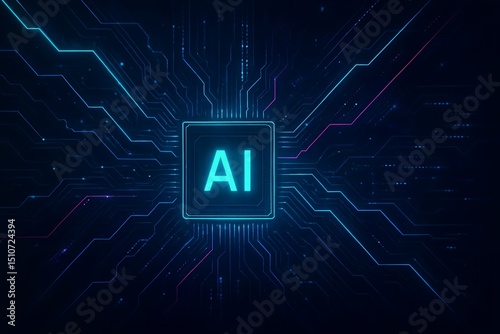 Futuristic AI Chip Background with Glowing Circuits and Digital Data Streams – Sci-Fi Abstract Technology Design