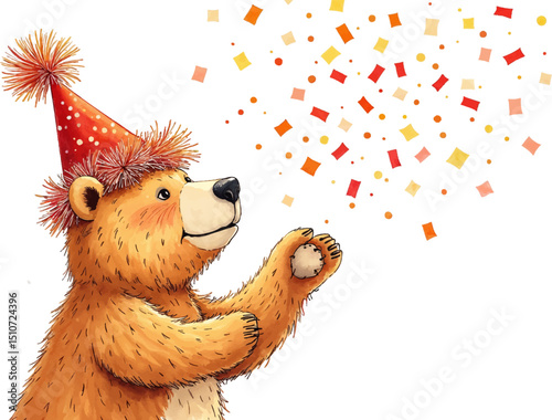 Festive bear wearing a hat tosses colorful confetti for New Year celebrations in cheerful watercolor illustration, kids illustration