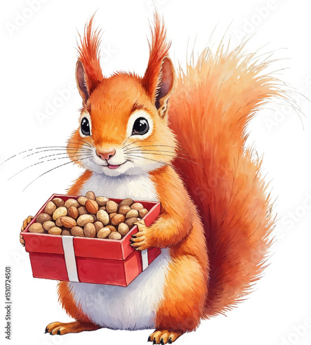 Festive squirrel holds a box of nuts in a watercolor illustration with warm colors, perfect for holiday themes, kids illustration