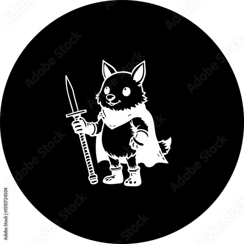 Whimsical warrior: Illustrated character wielding a sword in stark monochrome