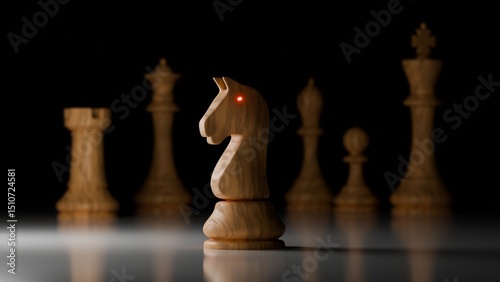 A Close-up Shot of Wooden Chess Pieces, Mainly Focus on Knight, Dark Background 3D render.