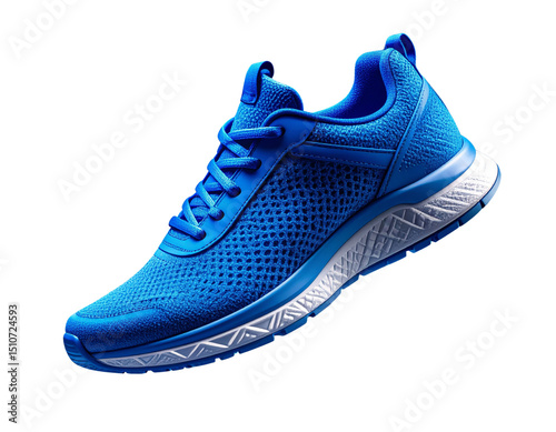 Floating Blue Knit Running Shoe with Air-Cushion Sole, Transparent background