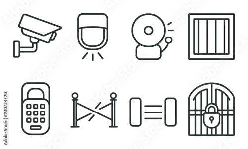 Security system icon set: linear style for alarm, surveillance, and protection signs