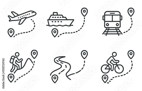Travel route linear icon set: journey, path, and navigation symbols