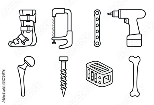 Orthopedic tools linear icon set. medical, healthcare equipment symbols