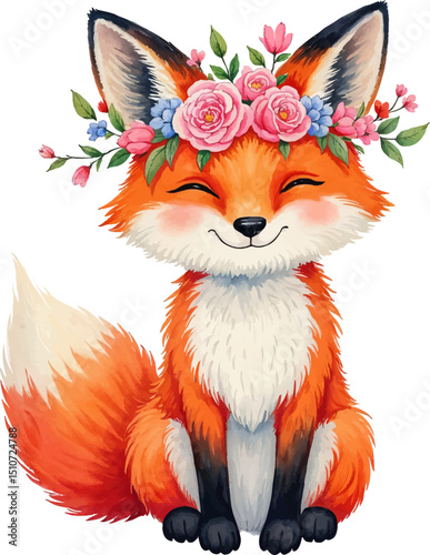 Fox with floral crown smiles gently in soft watercolor style, perfect for Mother's Day celebrations and joyful greetings, kids illustration