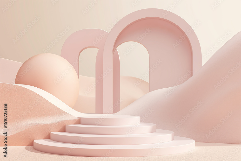 Obraz premium A pink and white scene with a pink archway and a pink ball
