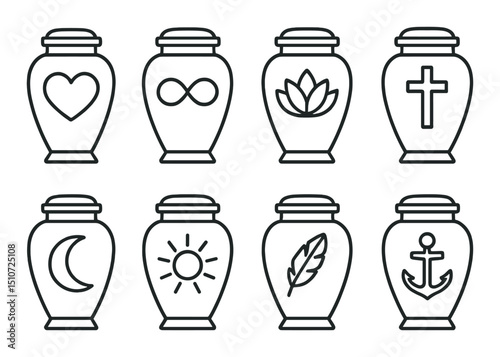 Eternal urn linear icon set. memorial and symbolic designs for remembrance