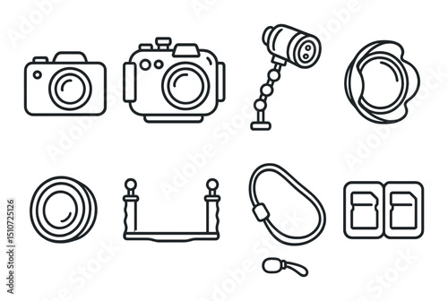 Underwater photography linear icon set. dive and marine camera gear symbols