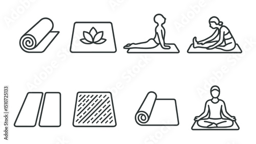 Yoga mat silhouette icon set. fitness, meditation symbols for wellness and exercise