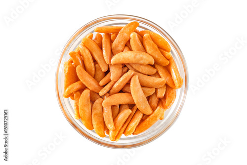 baked spicy rice crackers, top view, isolated on white background with clipping path