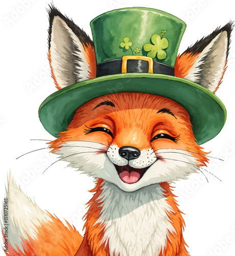 Happy fox wearing a green shamrock hat brings cheer for St Patrick's Day celebrations, kids illustration
