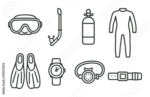 Scuba diving gear icon set in linear style. equipment and underwater symbols