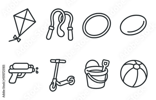 Toy icon set in linear style. playtime, children's games, and fun symbols