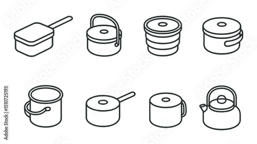 Camping pot icon set in linear style. outdoor cooking and adventure symbols