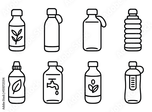 Eco-friendly bottles icon set. sustainable linear style symbols for green living