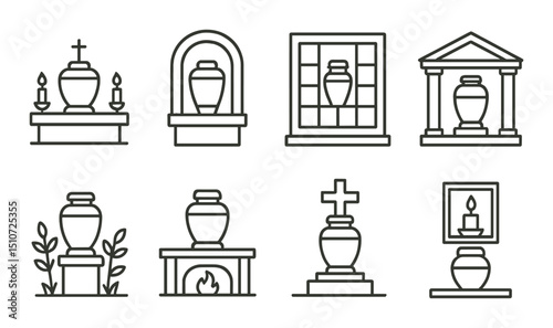 Urn display linear icon set. funeral and memorial design symbols