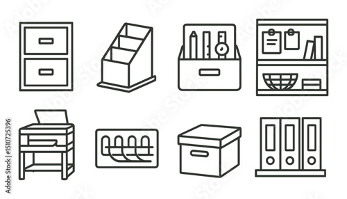 Office storage icon set in linear style. organization and filing symbols