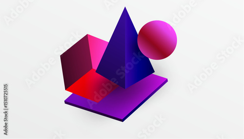 Abstract geometric shapes, vibrant purple, red hues. Composition features cube, pyramid, sphere, plane. Modern design, gradient colors, minimalist aesthetic.