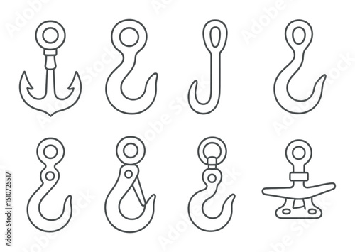 Industrial and marine hooks icon set in linear style. nautical and tool symbols