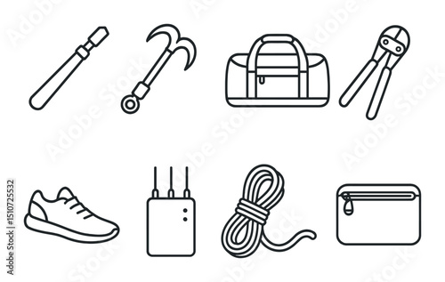 Robbery tools linear icon set. crime and burglary equipment symbols