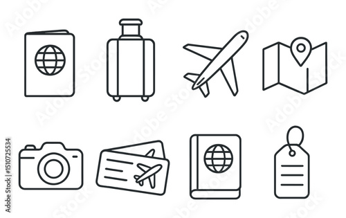 Travel essentials icon set: flat style. adventure, journey symbols for easy planning