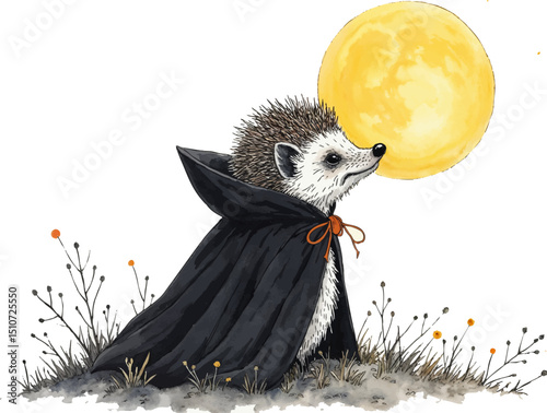 Hedgehog in a spooky black cape under a glowing full moon creates an enchanting Halloween atmosphere, kids illustration