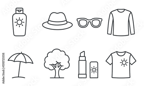 Sun protection essentials icon set. simple silhouette summer and outdoor symbols