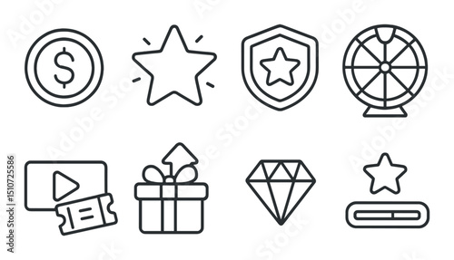 Mobile app linear icon set. bonus, rewards, and achievements symbols