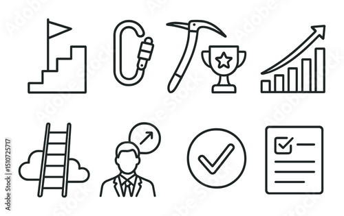 Success and achievement linear icon set. goals and progress symbols collection