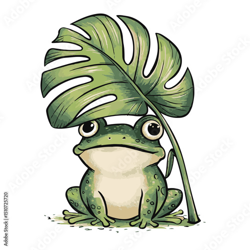 Cute green cartoon frog character, a happy amphibian illustration with big eyes, isolated