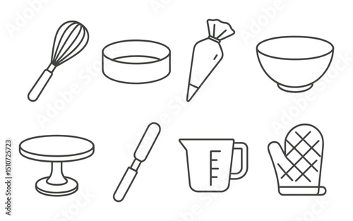 Cake baking essentials icon set in linear style. pastry and dessert prep tools