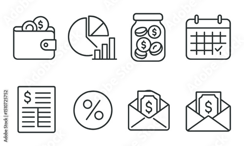 Budget and finance icon set: simple linear style for money management and planning