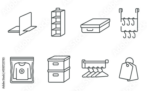 Closet organization icon set in linear style. storage, declutter, arrange symbols