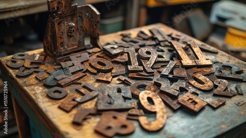 Rusted metal letters and numbers scattered on a wooden surface