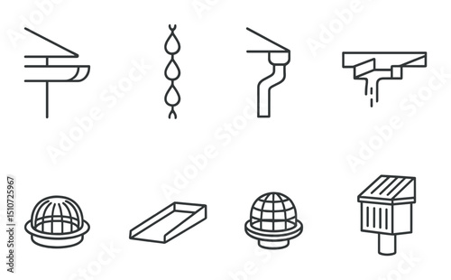 Roof drainage linear icon set. gutter, water flow, and rain management symbols