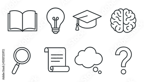 Education and knowledge linear icon set: learning, idea, and study symbols collection