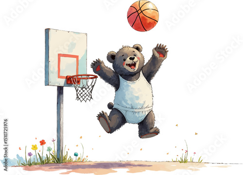 Joyful bear jumping through a hoop during Sports Day celebration in a colorful watercolor illustration, kids illustration