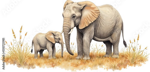 Joyful baby elephant stands close to nurturing mother elephant in a serene grassy field under warm sunlight, kids illustration